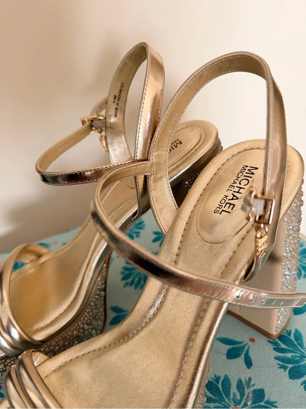 Michael Kors Rose Gold Platform Sandals with Crystal-Embellished Heel